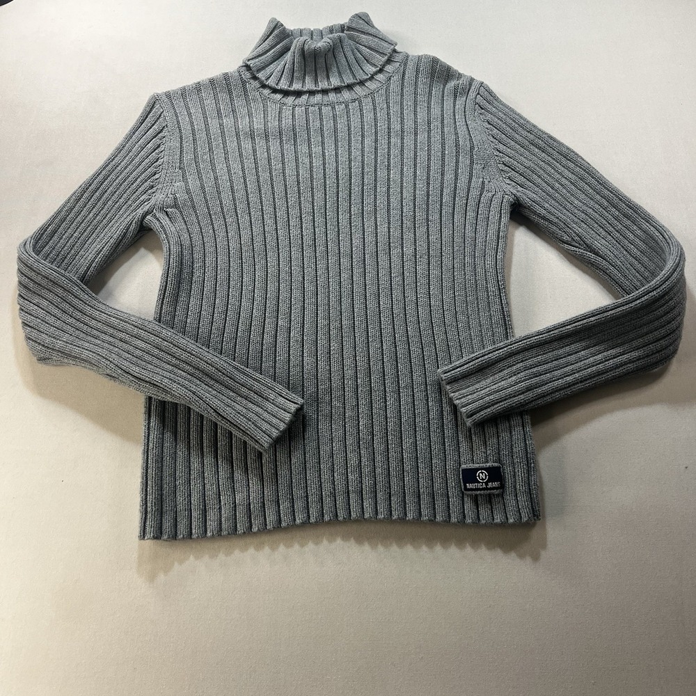 Nautica Jeans Co Mens Gray Ribbed Turtleneck Sweater Cotton Blend Size M